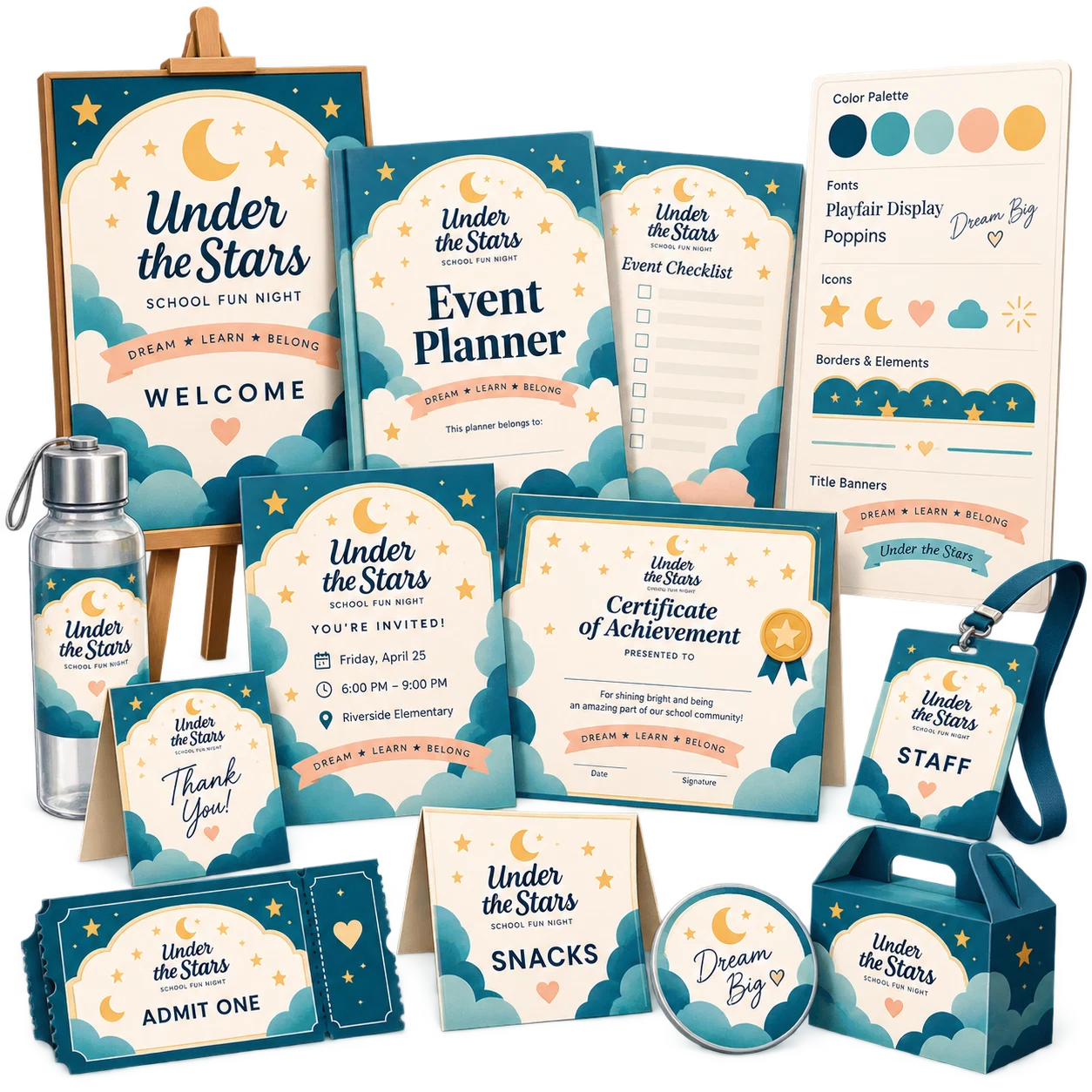 Step 2 visual system and coordinated design for an event kit