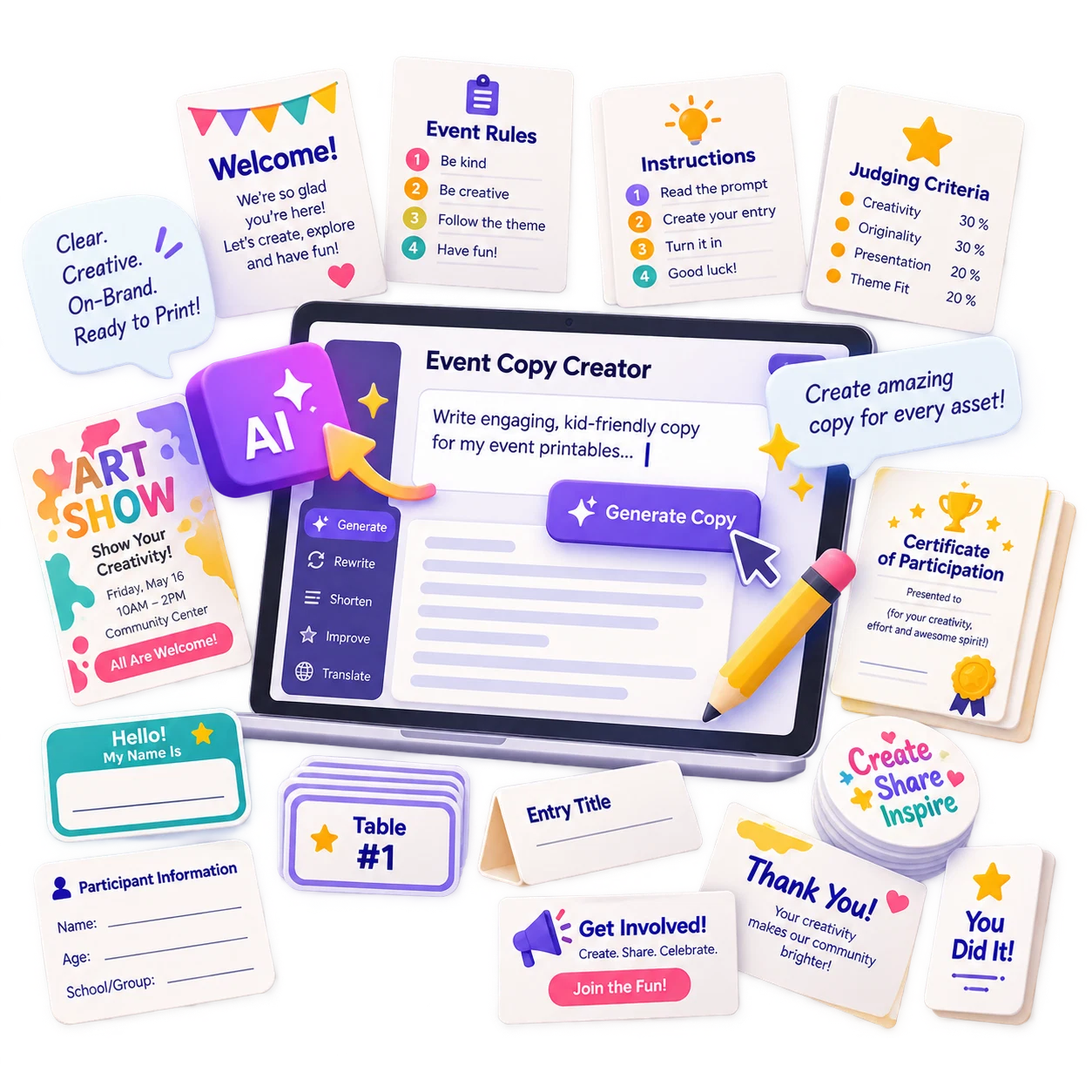 Step 3 copy generation for every event printable asset