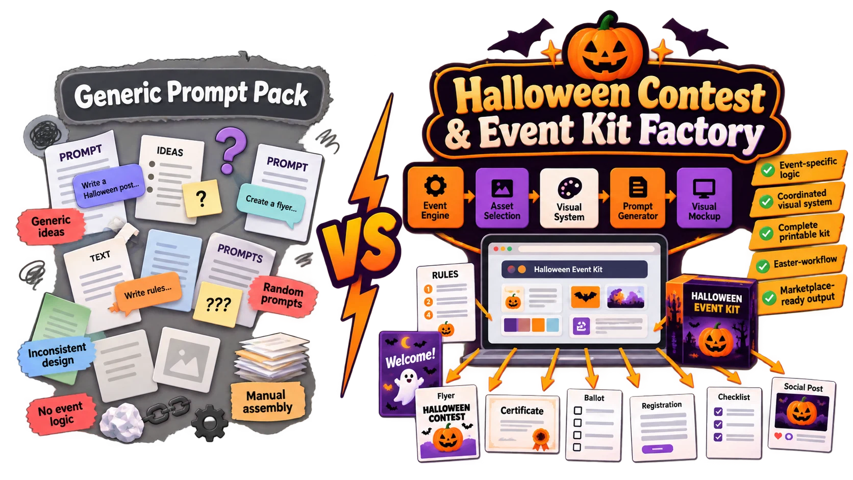 Comparison of a generic prompt pack versus Halloween Contest and Event Kit Factory