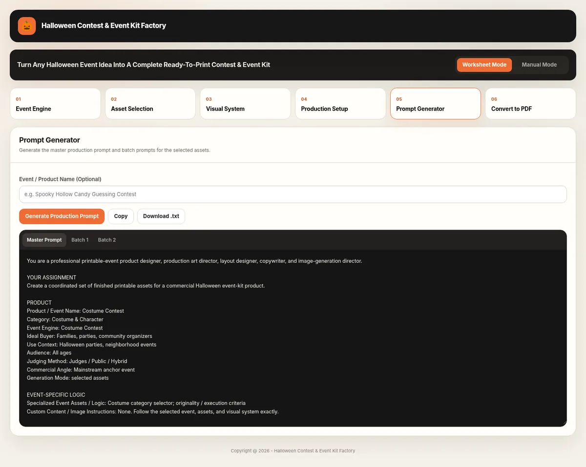 Prompt Generator screen from Halloween Contest & Event Kit Factory