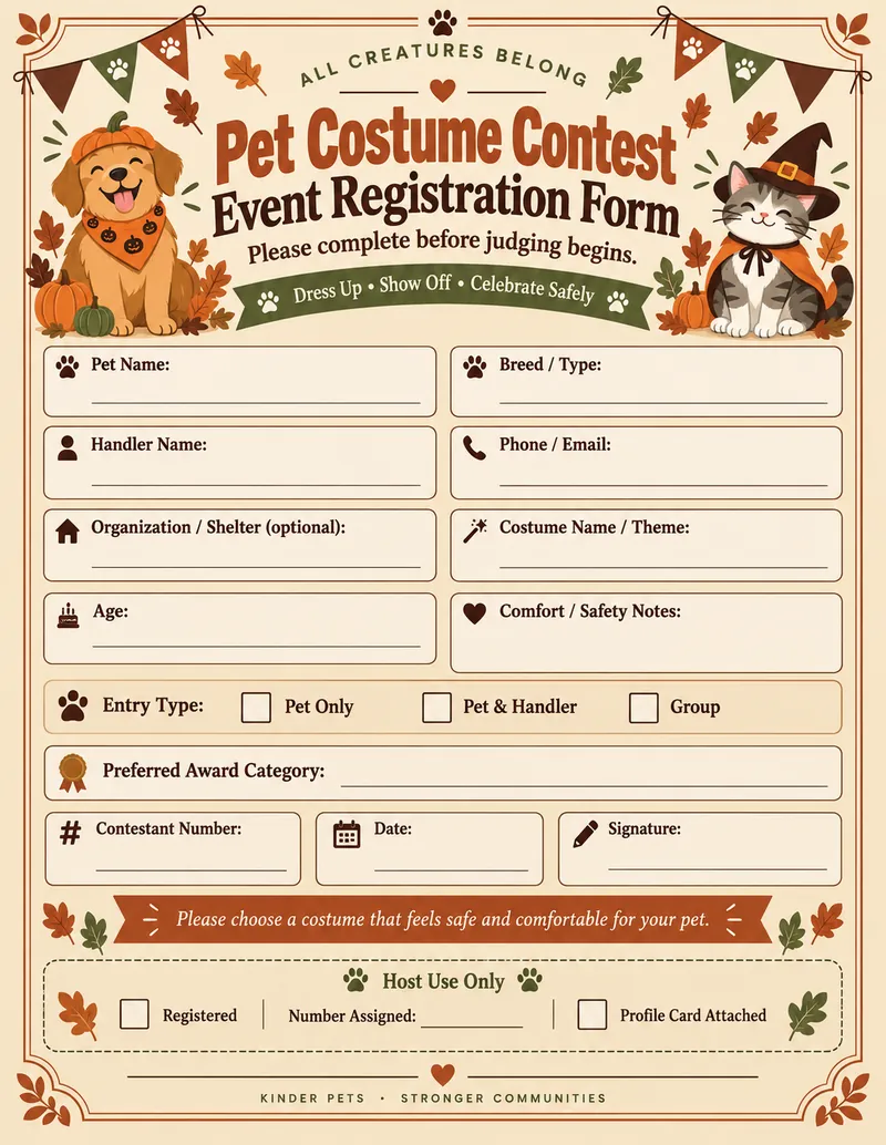 Pet Costume Contest generated printable — Event Registration Form