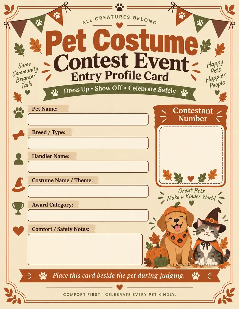 Pet Costume Contest generated printable — Entry Profile Card