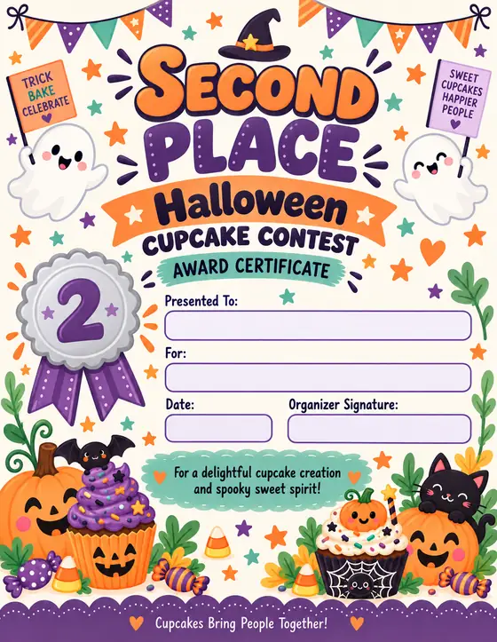 Halloween Cupcake Contest — Second Place Award Certificate