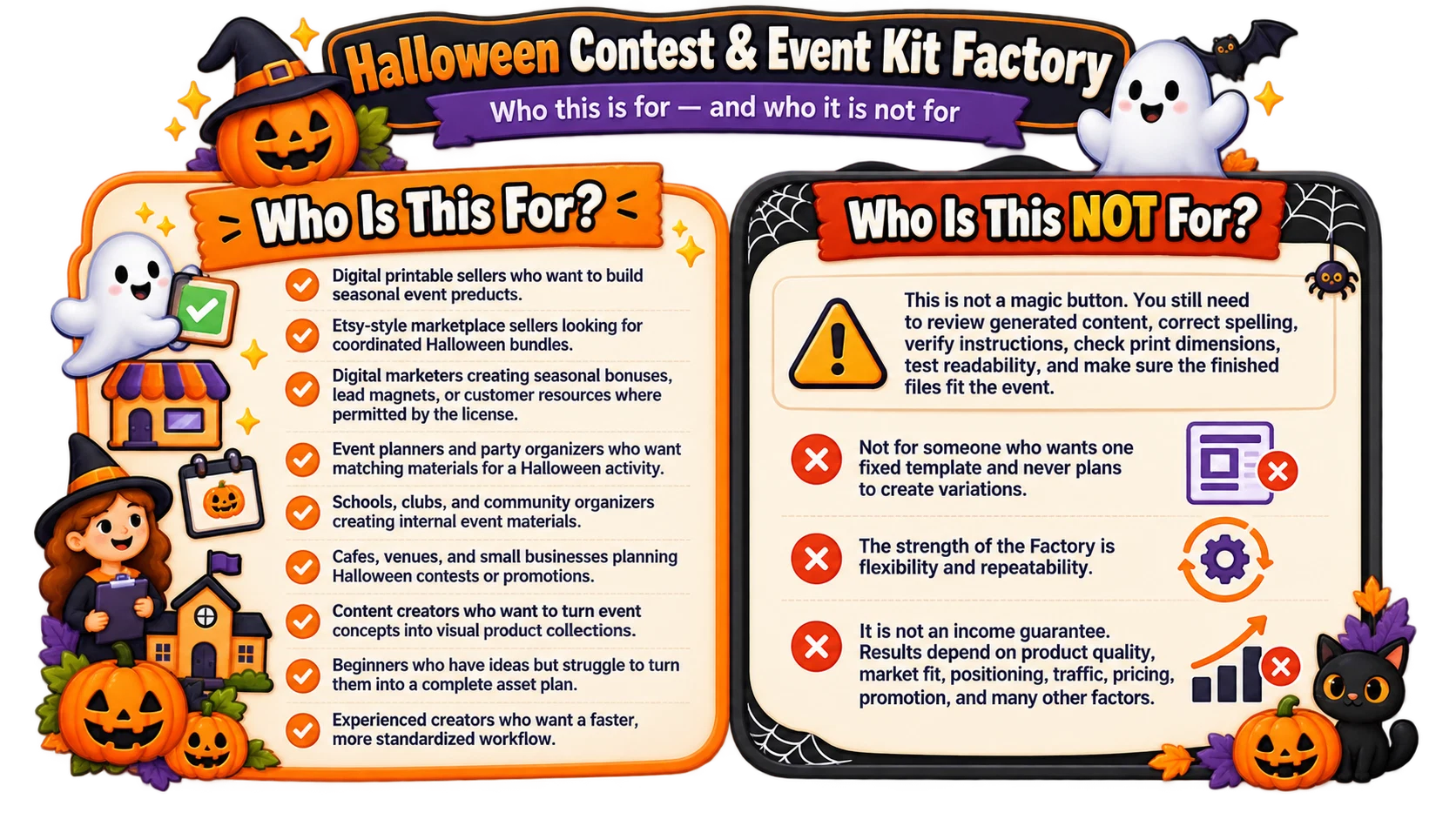 Who this is for and who it is not for illustration for Halloween Contest and Event Kit Factory