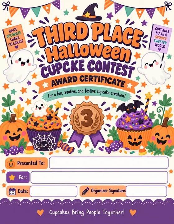 Halloween Cupcake Contest — Third Place Award Certificate